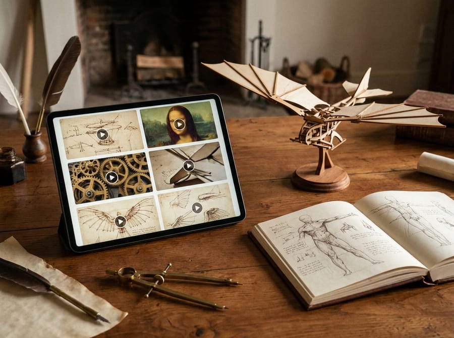 A tablet showing Leonardo-inspired art, invention, gears and flight videos beside a wooden model and sketchbook