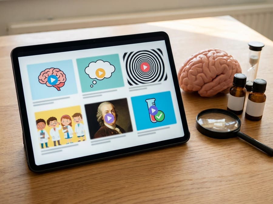 A tablet showing videos about the brain, optical illusions, testing and Benjamin Franklin