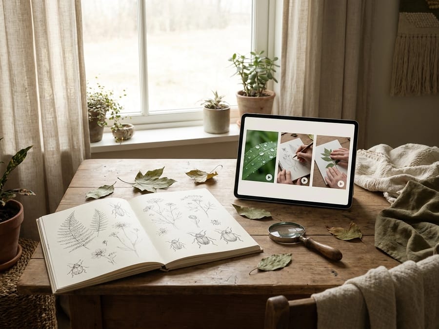 A tablet with nature-observation, drawing and printmaking thumbnails beside an open botanical sketchbook, leaves and a magnifying glass.