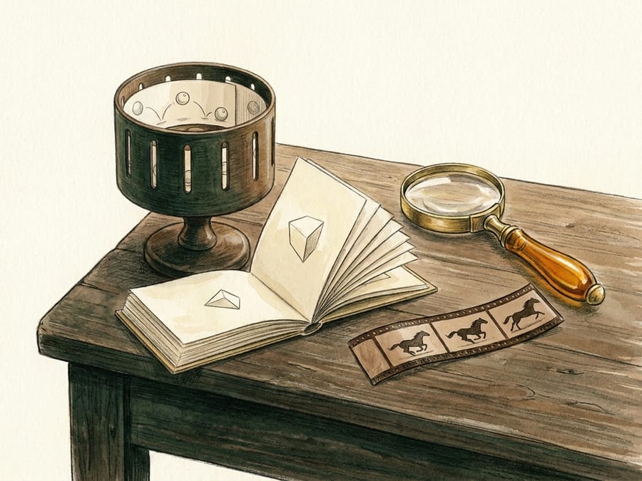 Illustration of a zoetrope, flip book and horse-picture strip on a wooden table.