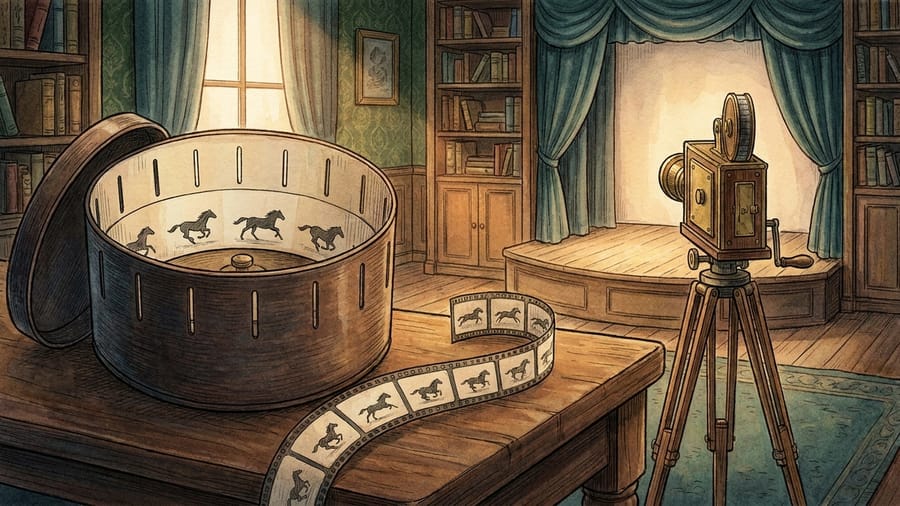 The first movies, zoetrope, horse-picture strip and vintage film camera in a warmly lit room.