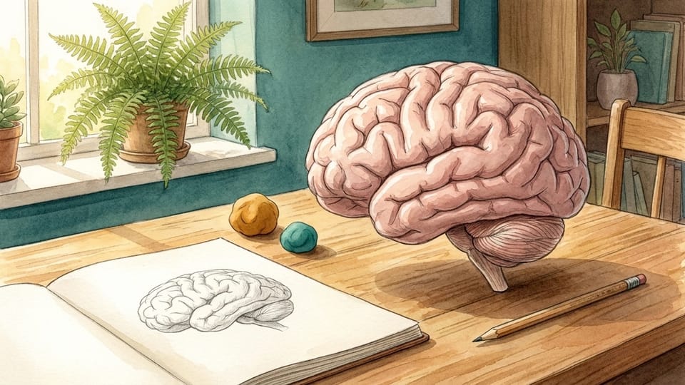 Our Amazing Brain — watercolour illustration of a brain model, playdough and a brain sketch on a sunlit discovery table.