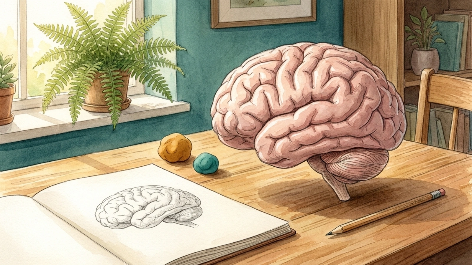 Our Amazing Brain — watercolour illustration of a brain model, playdough and a brain sketch on a sunlit discovery table.