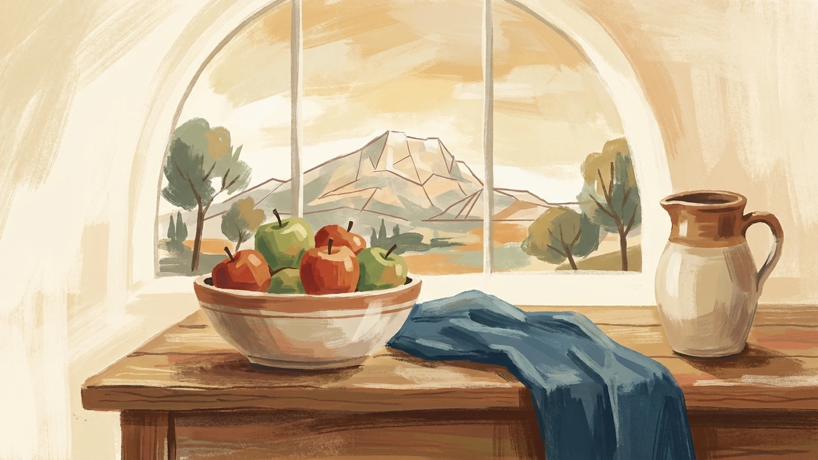 Apples, a ceramic jug and Mont Sainte-Victoire