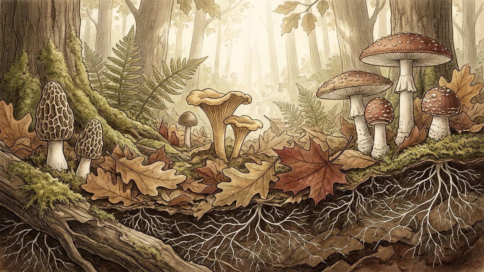 Woodland mushrooms and mycelium beneath a forest floor