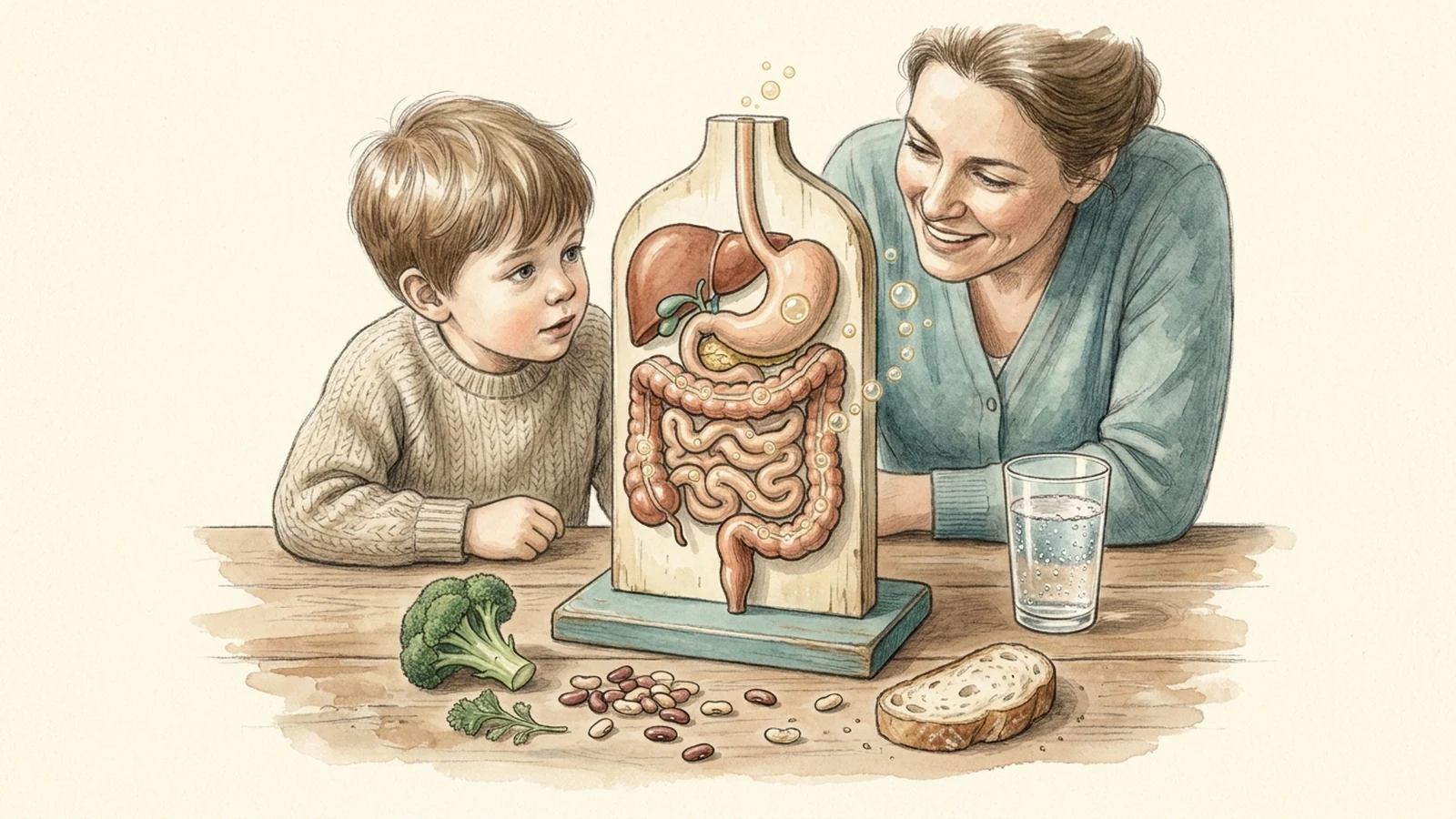 A child and adult exploring a digestive-system model with foods and gas bubbles
