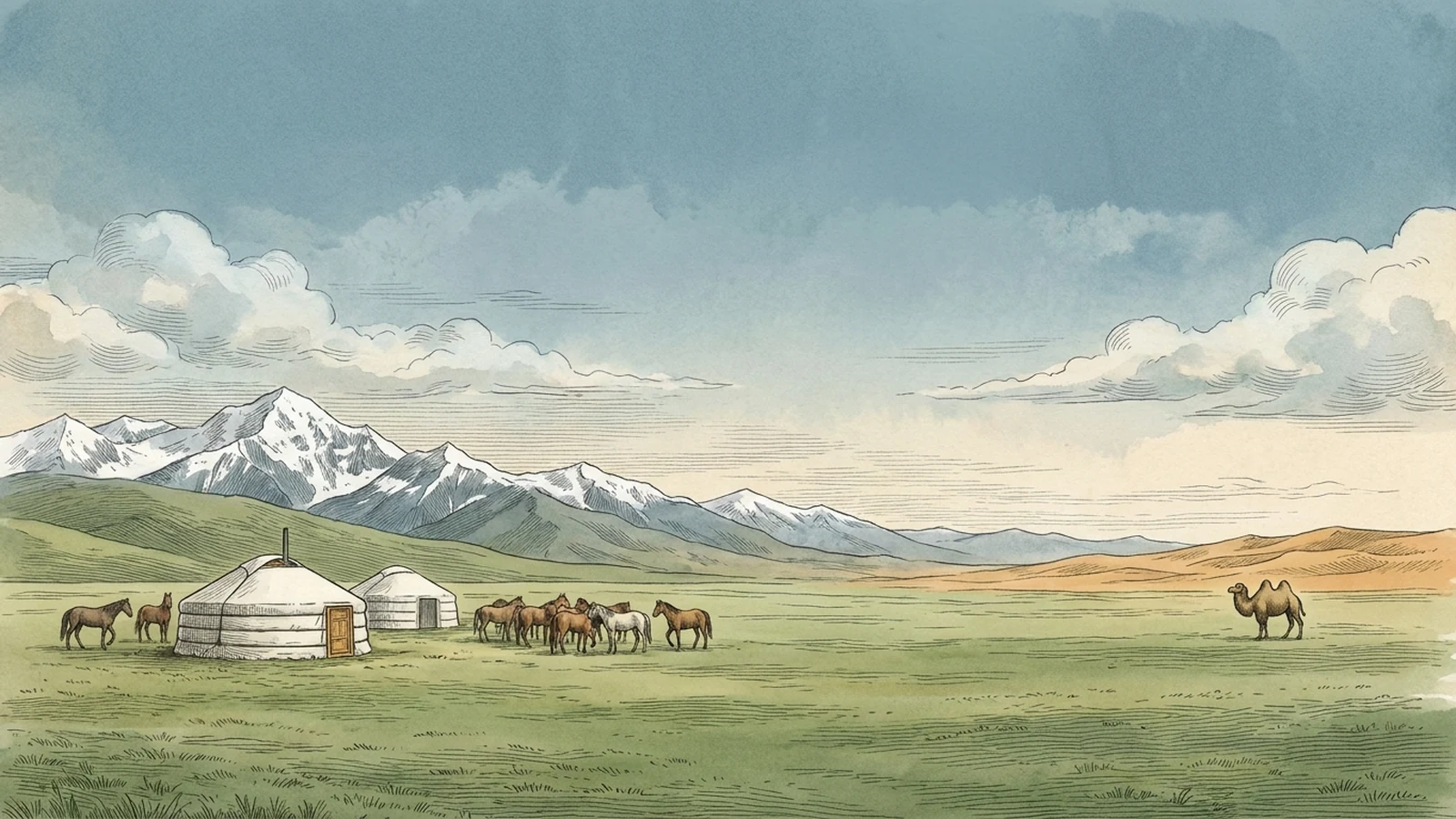 Mongolian steppe, Altai mountains, traditional gers, horses and a Bactrian camel near the Gobi
