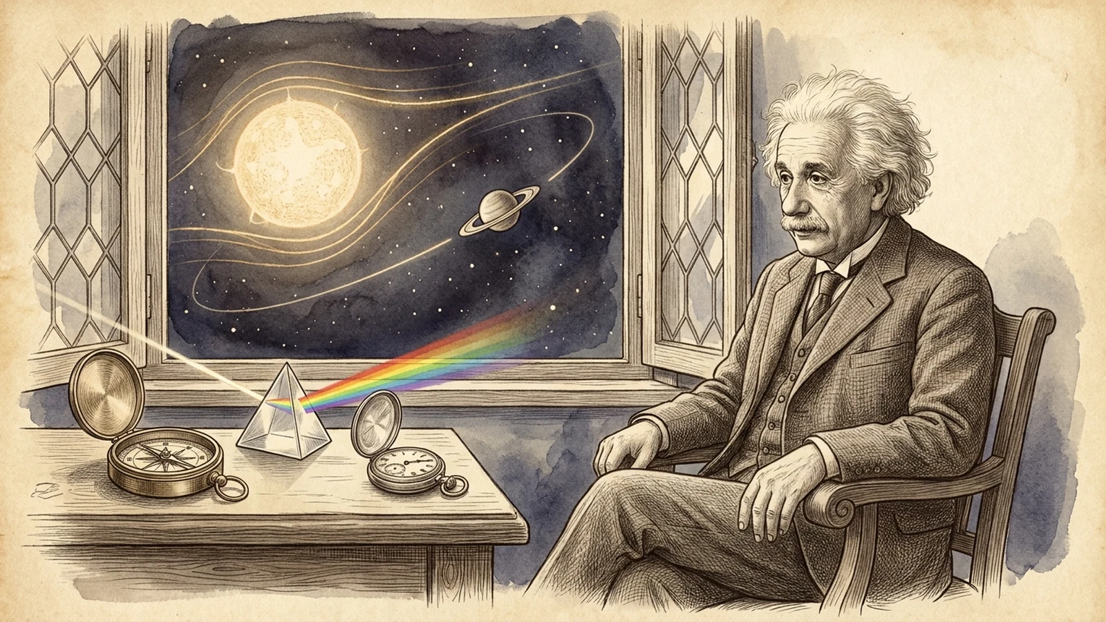 Albert Einstein beside a compass, prism and watch as light bends around a star beyond the window