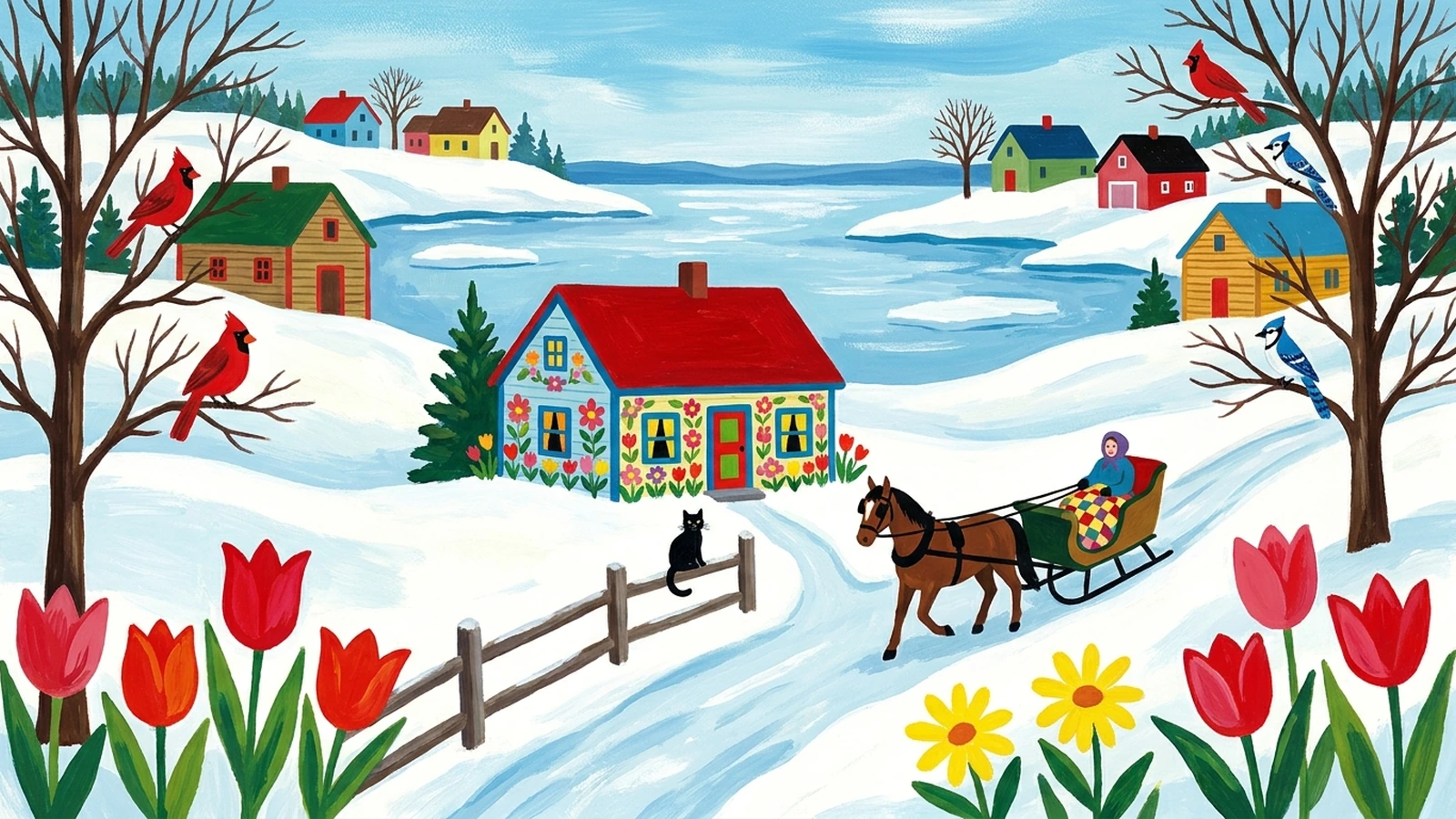 Colourful Nova Scotia folk-art village with birds, flowers and a black cat