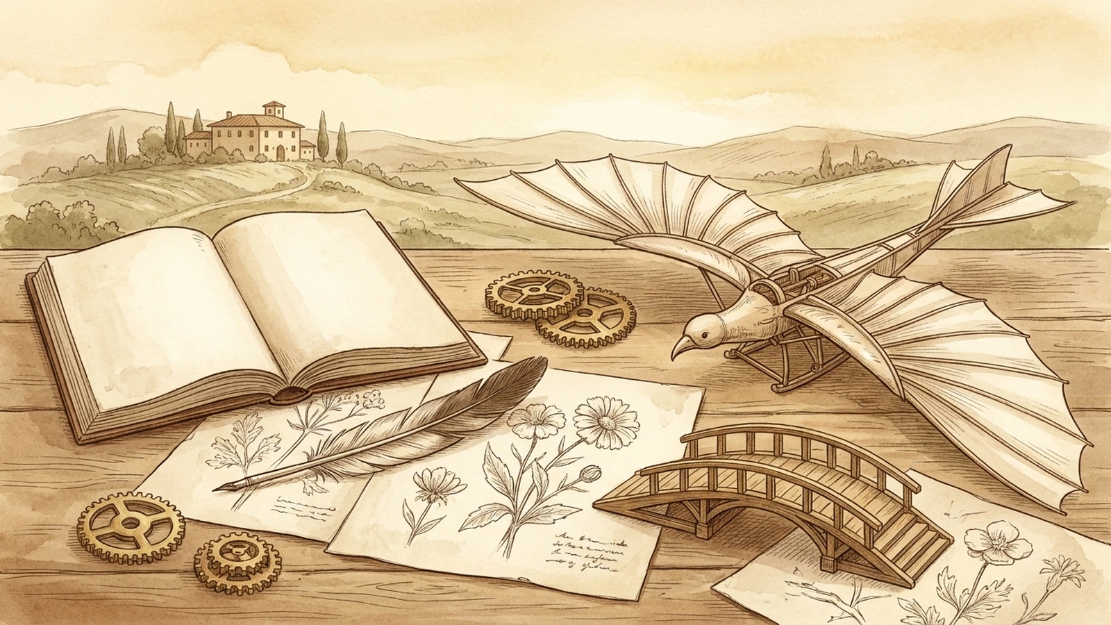 Leonardo-style notebook, gears, flying machine and bridge model