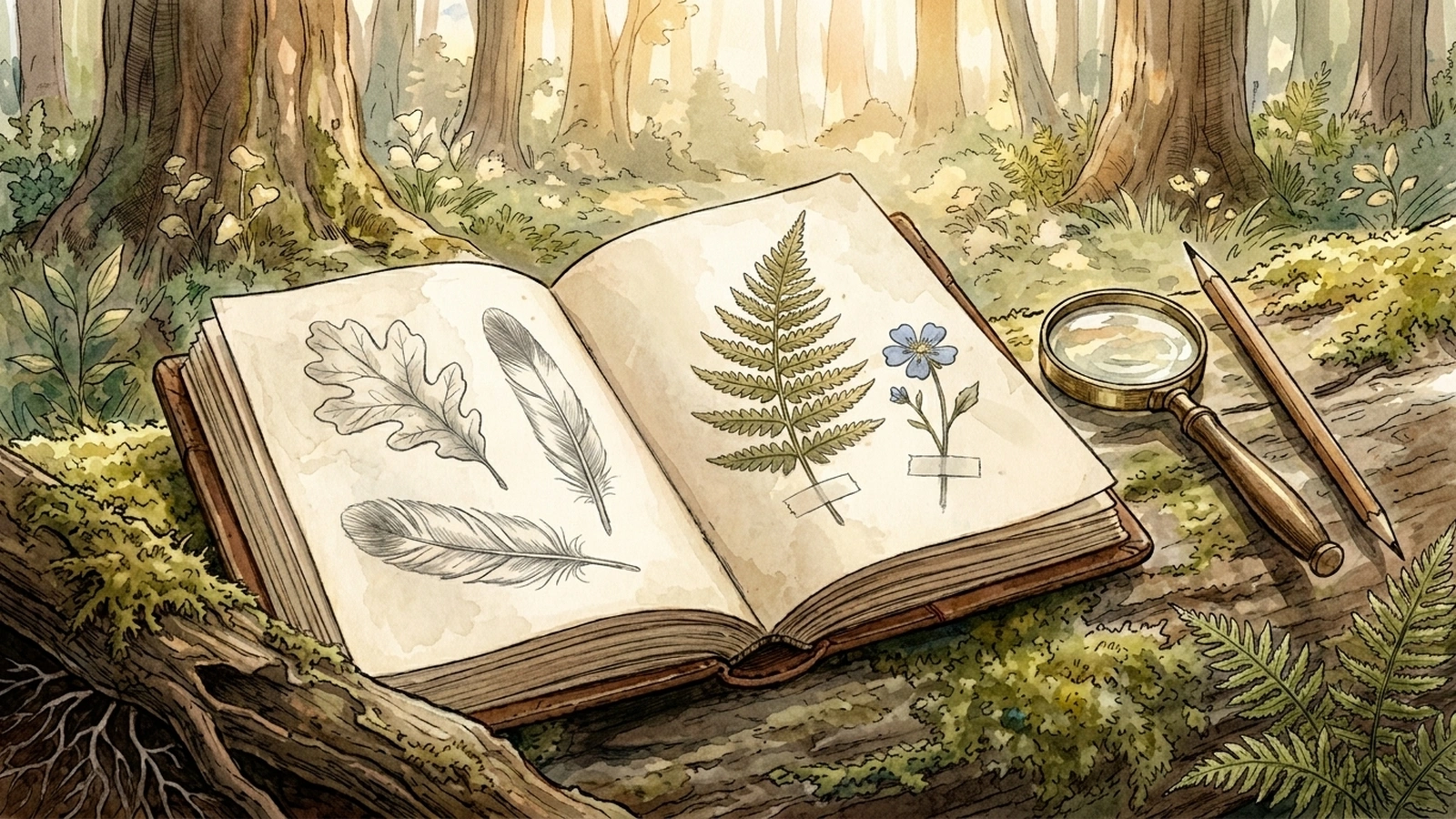 Anna Comstock nature journal with leaf, feather, fern and flower sketches on a mossy log, beside a pencil and magnifying glass in a sunlit woodland.