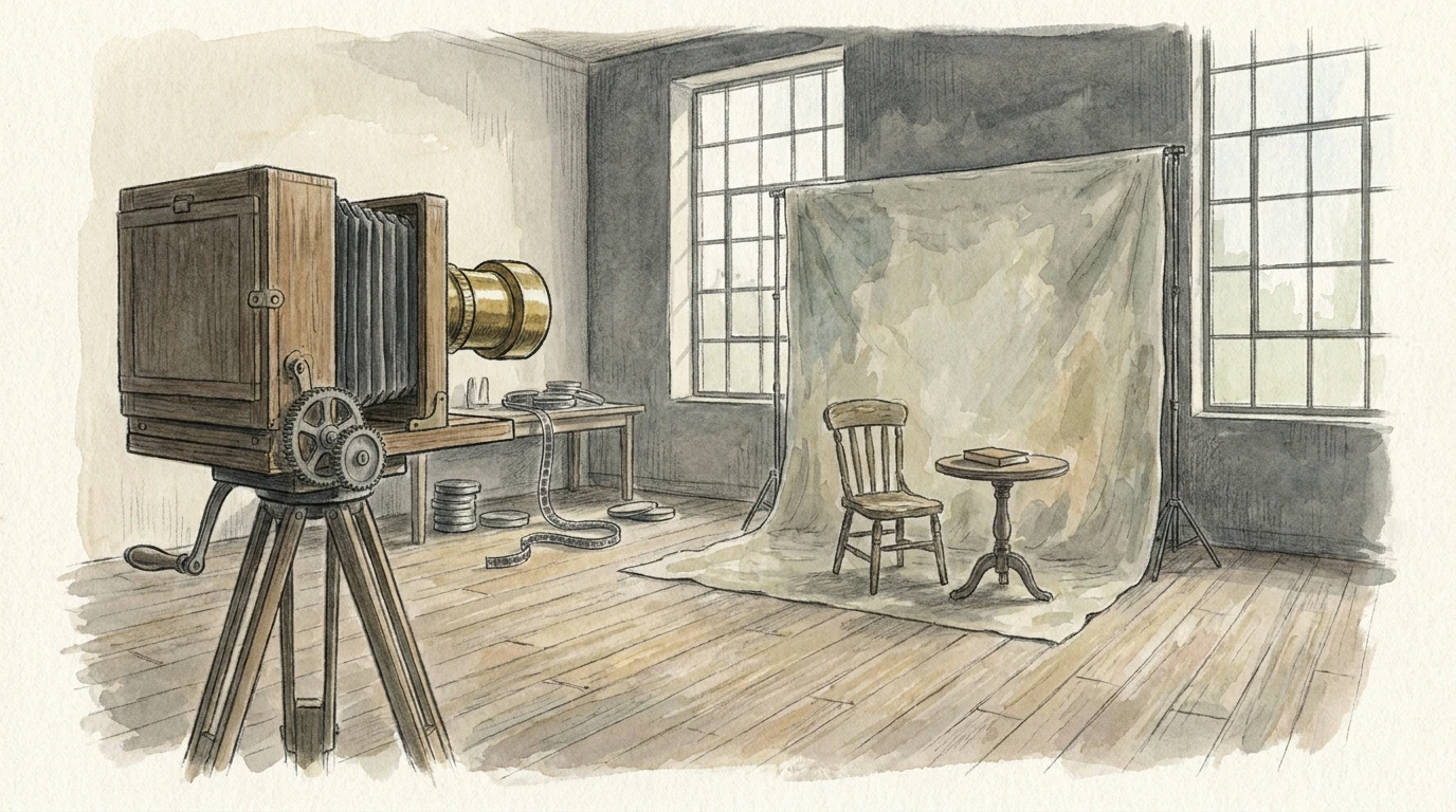 Conceptual illustration of an early film studio with a camera and simple set; not a reconstruction of Solax.
