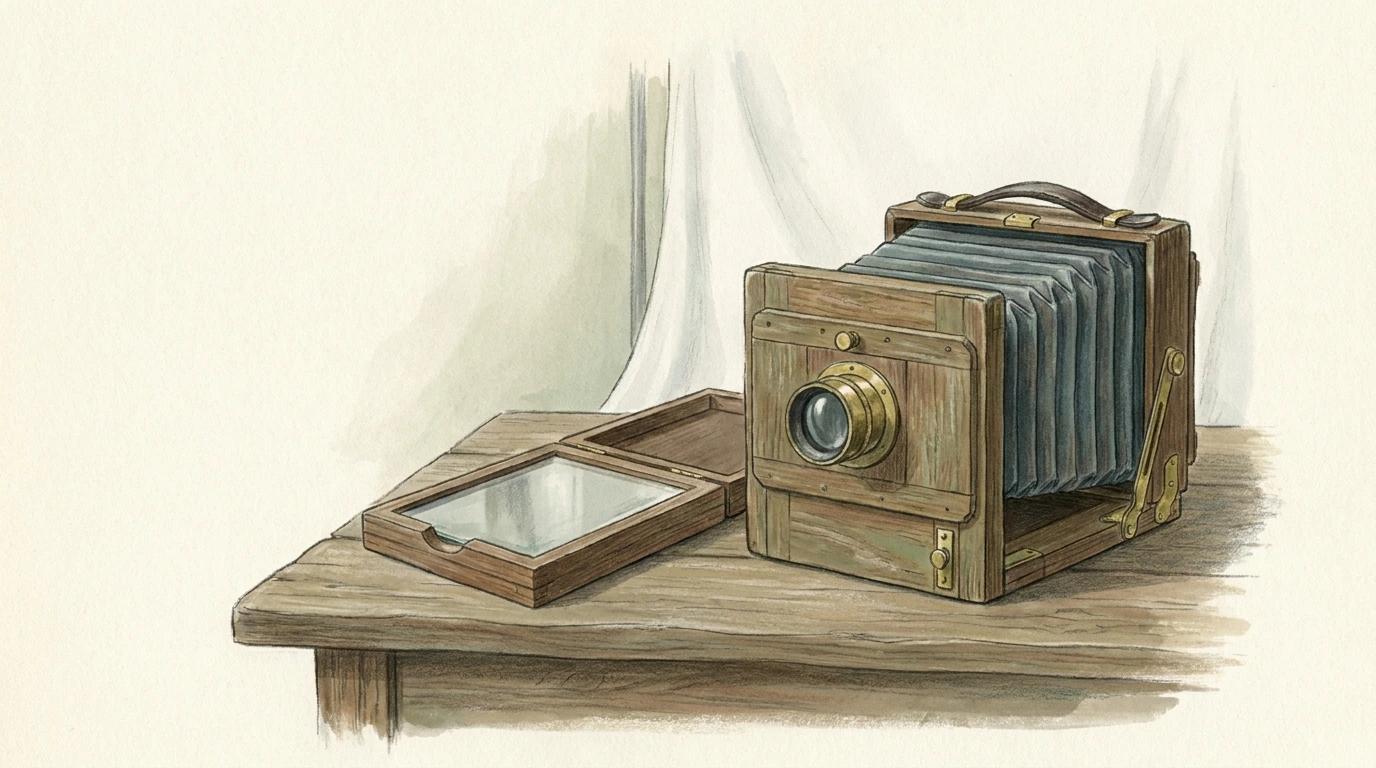 Conceptual illustration of an early wooden camera and glass-plate holder; not a reconstruction of Muybridge's apparatus.
