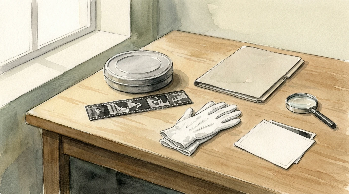 Conceptual illustration of film-preservation materials; these are not Alice's personal belongings or actual film prints.