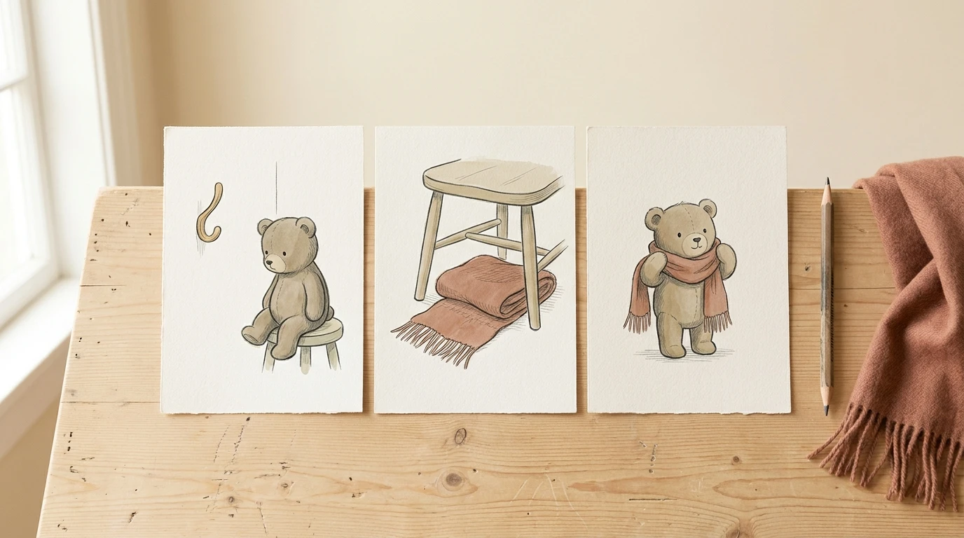 Three illustrated storyboard cards show a toy bear's missing scarf, its hiding place and the scarf found again.