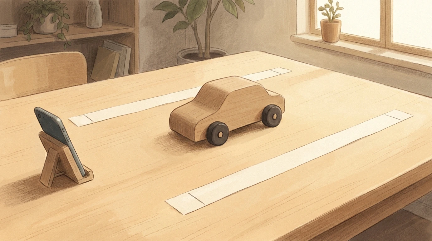 Illustration of a toy car, paper reference markers and a securely supported phone for observing movement.