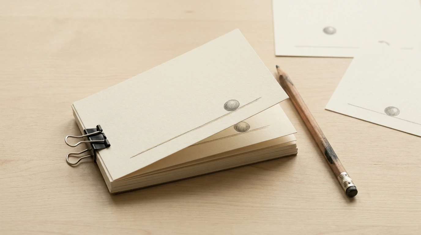 Illustration of a small paper flip book held with a clip, beside ball drawings and a pencil.