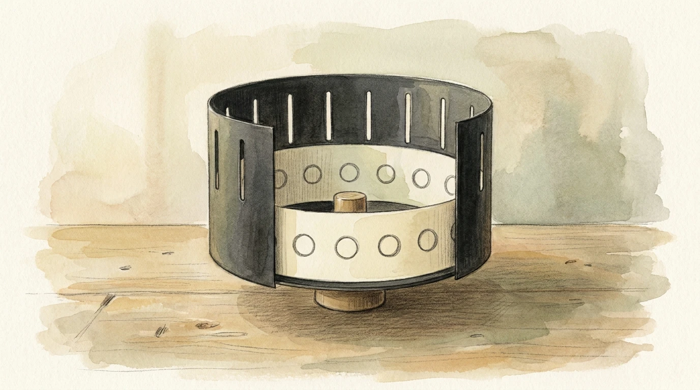 Illustrative cutaway of a zoetrope, showing the picture band below the viewing slits; not a construction template.