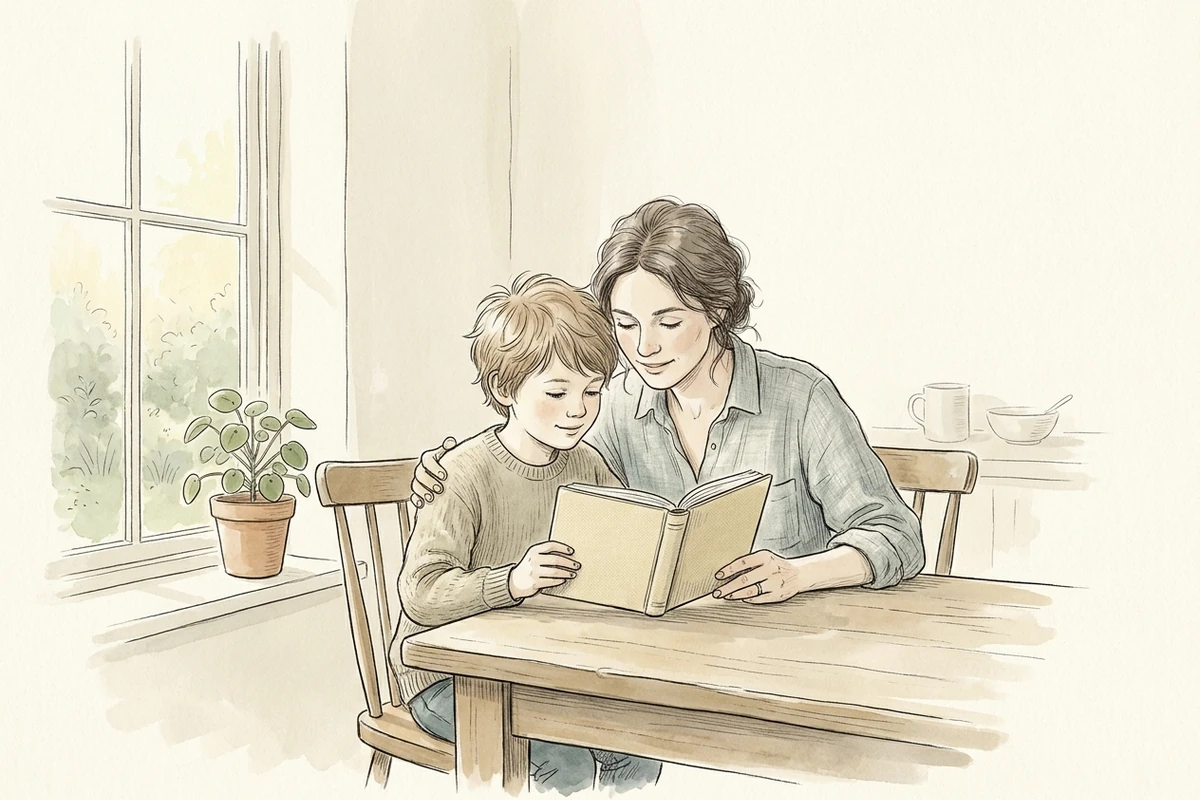 A child and grown-up sharing a story at a kitchen table.