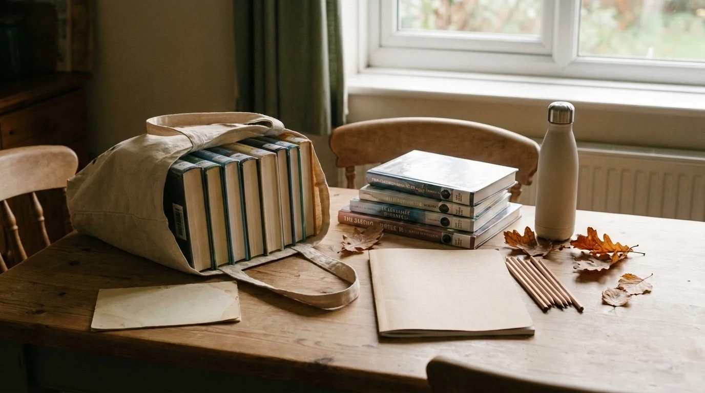 A canvas library bag filled with well-loved books beside simple notebooks, pencils and autumn leaves.
