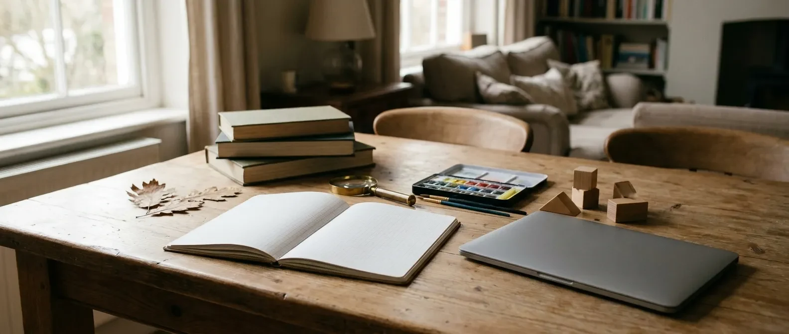 An eclectic mix of books, a blank squared notebook, watercolours, nature finds, wooden shapes and a laptop on a family table.