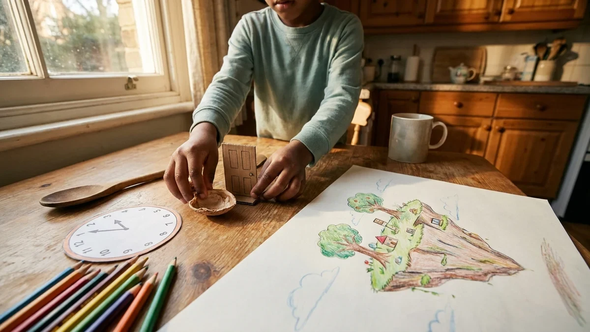 A child builds an original surreal picture with a paper clock, shell, wooden spoon and cardboard door