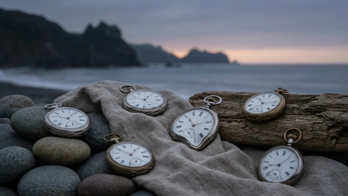 Antique pocket watches resting on stone, linen and driftwood beside a twilight coast