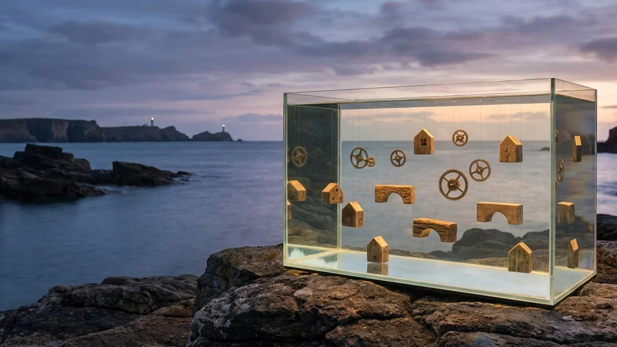 Clockwork gears and wooden forms suspended inside a glass tank on a rocky coast