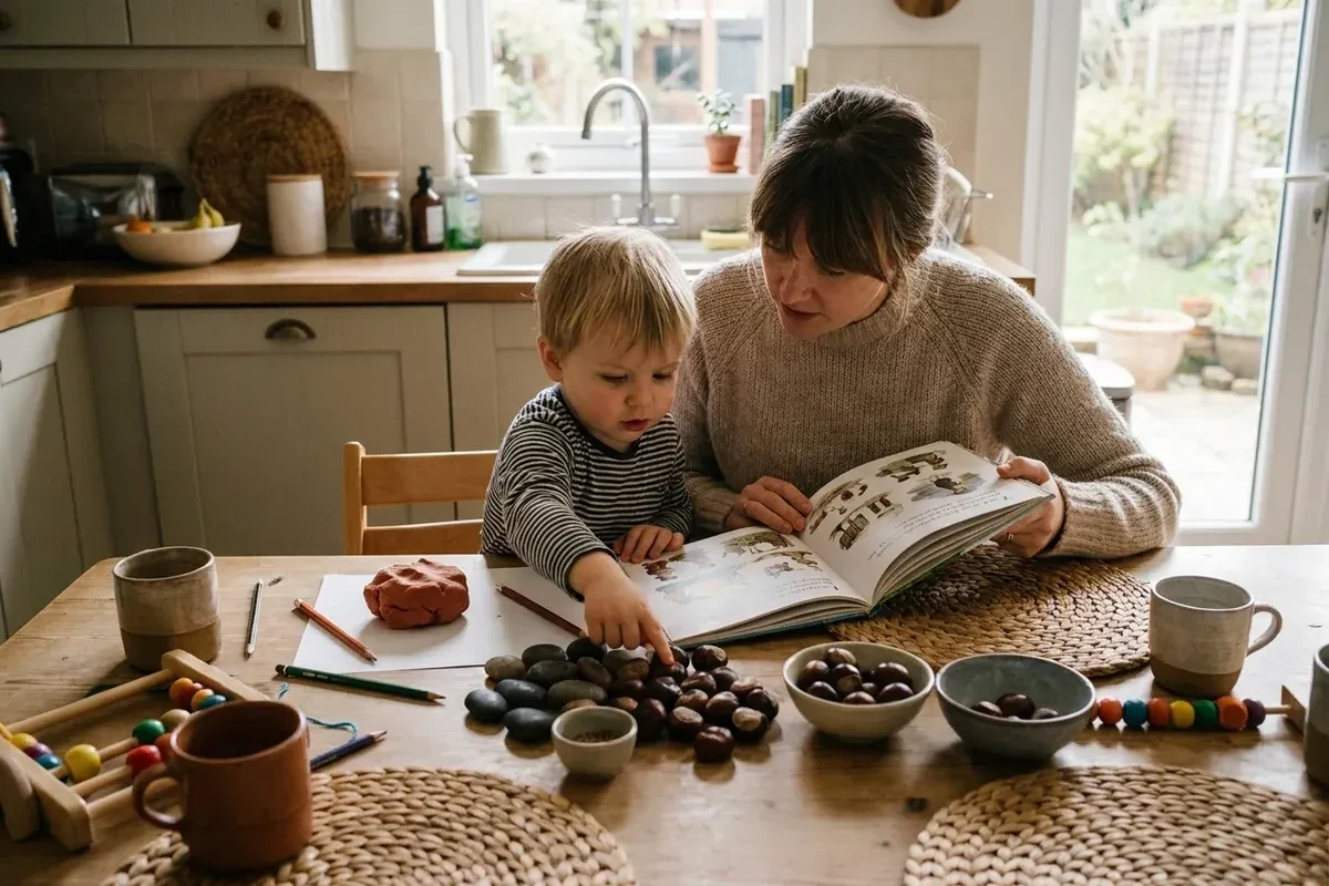 A parent and young child sharing a picture book while counting conkers and stones at the kitchen table.