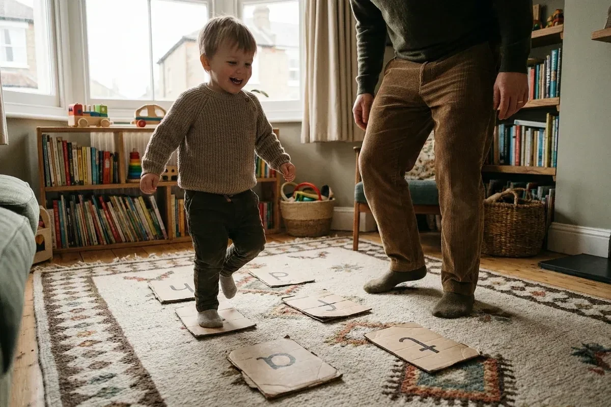A young child learning letter sounds through a playful movement game at home.