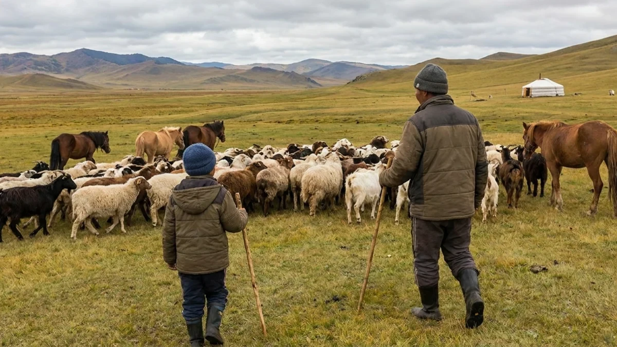 A child and adult care for a mixed herd near a seasonal Mongolian grassland camp.