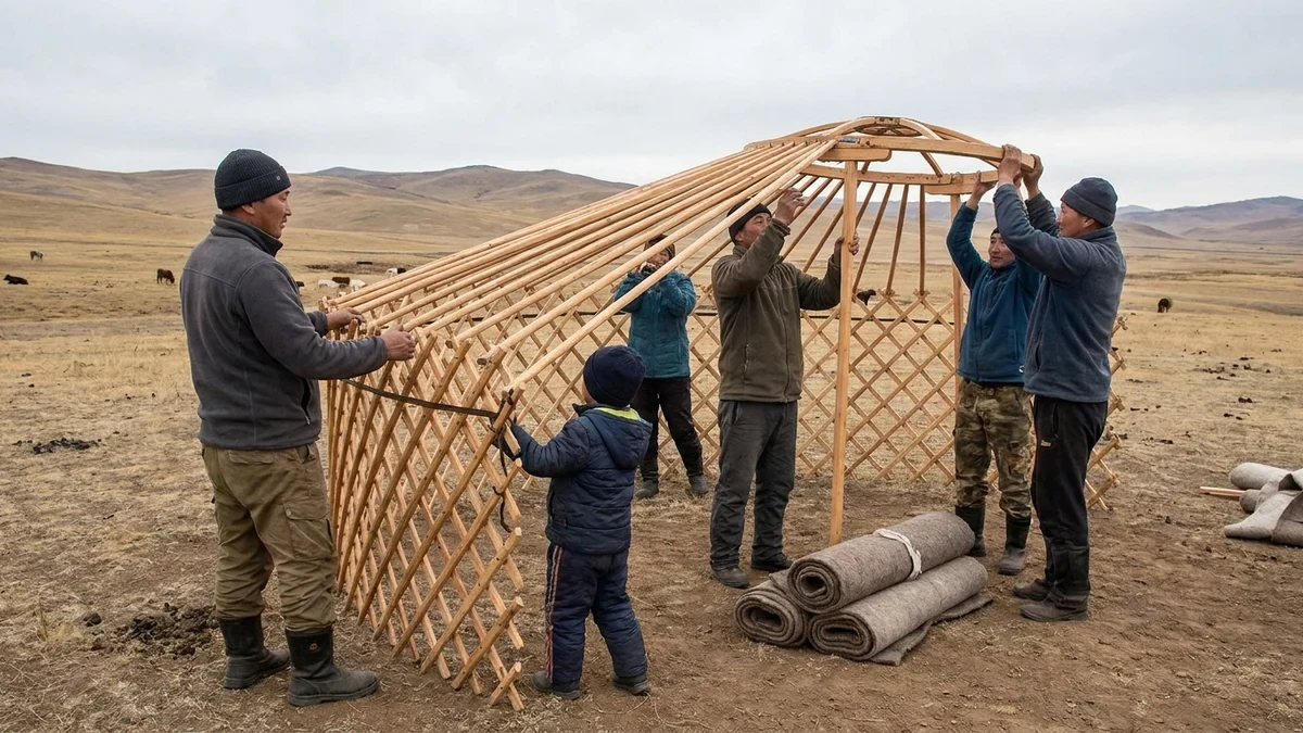 An original educational scene shows the lattice wall, roof ring, poles and felt layers of a ger being assembled.