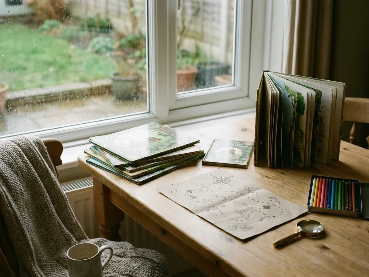 Alt: Children’s books, coloured pencils, a hand-drawn map and magnifying glass on a cosy table by the window