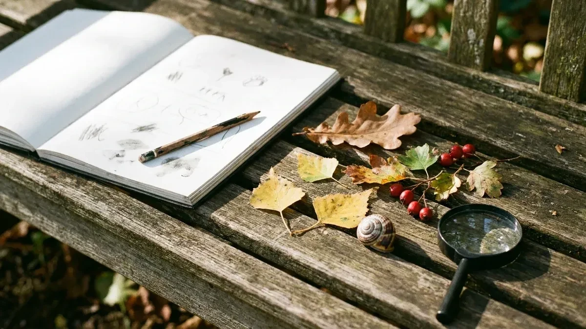 Alt: Nature notebook, pencil, autumn leaves, berries and snail shell on a wooden bench for outdoor home learning