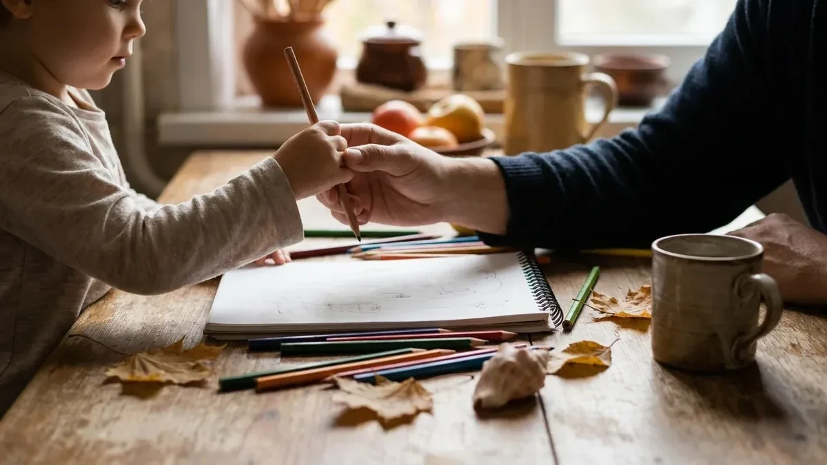 Alt: Parent and child drawing together at a kitchen table during a gentle home education morning