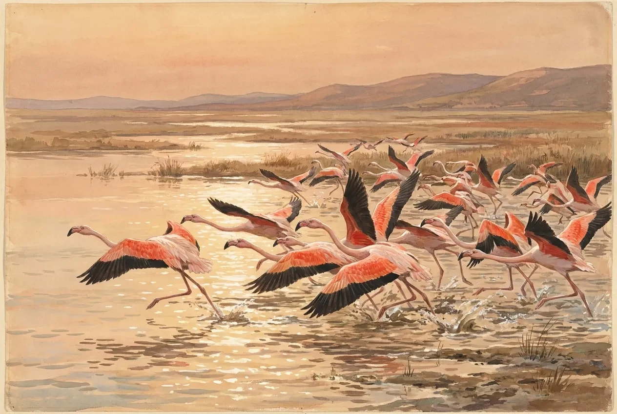 A flock of flamingos runs through shallow water at take-off, revealing vivid pink wings edged with black flight feathers.