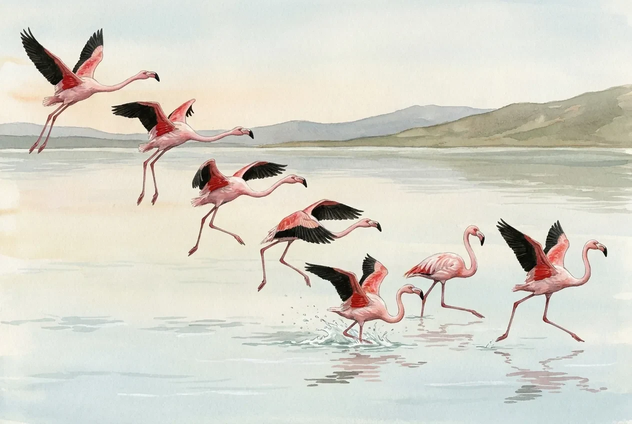 Flamingos lower their feet, touch the lake and run across the surface as their spread wings slow each landing.