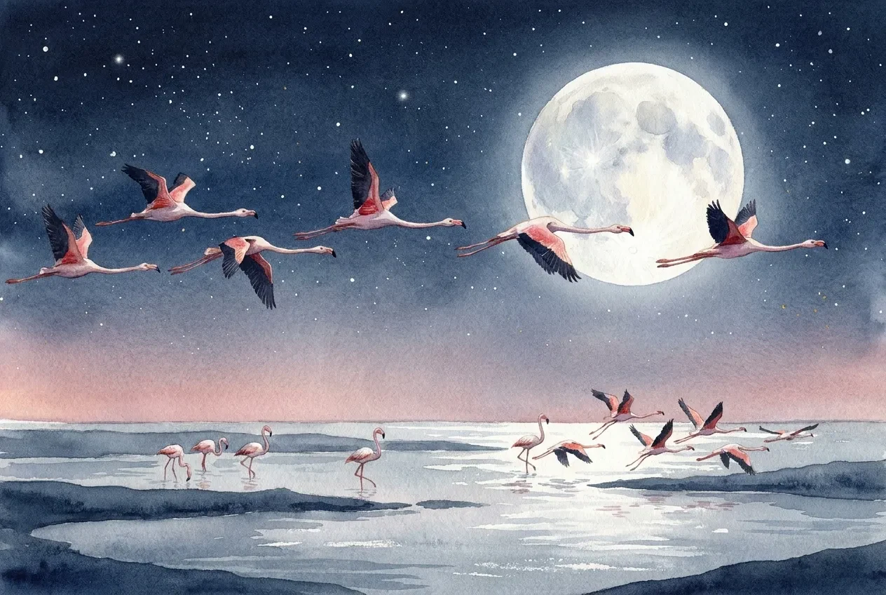 Flamingos travel beneath the moon and stars, their long bodies crossing the dark sky above a chain of silver wetlands.