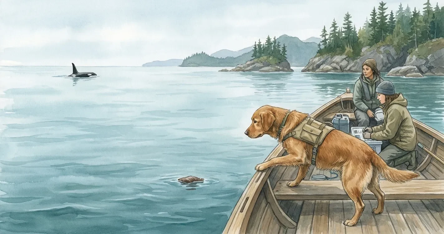 A conservation detection dog helping researchers locate an orca scat sample from a boat