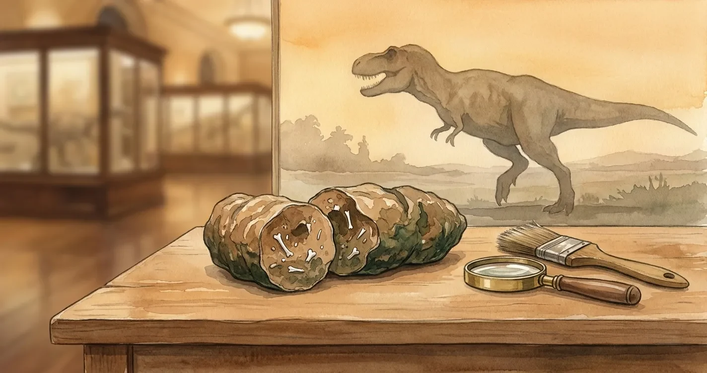 A fossilised coprolite with bone fragments displayed beside a Tyrannosaurus rex reconstruction