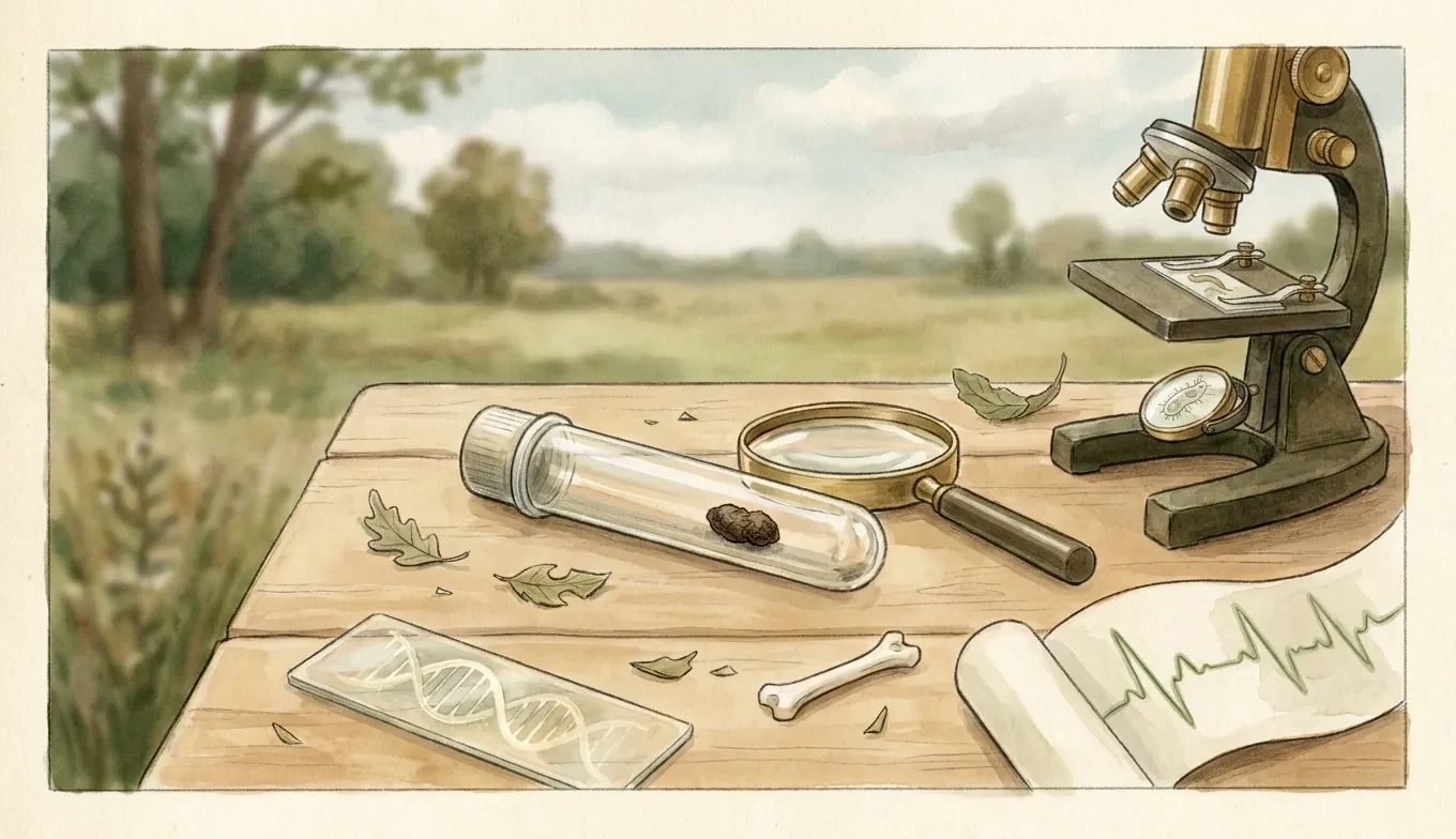 A sealed scat sample surrounded by scientific clues about diet, DNA, parasites and health