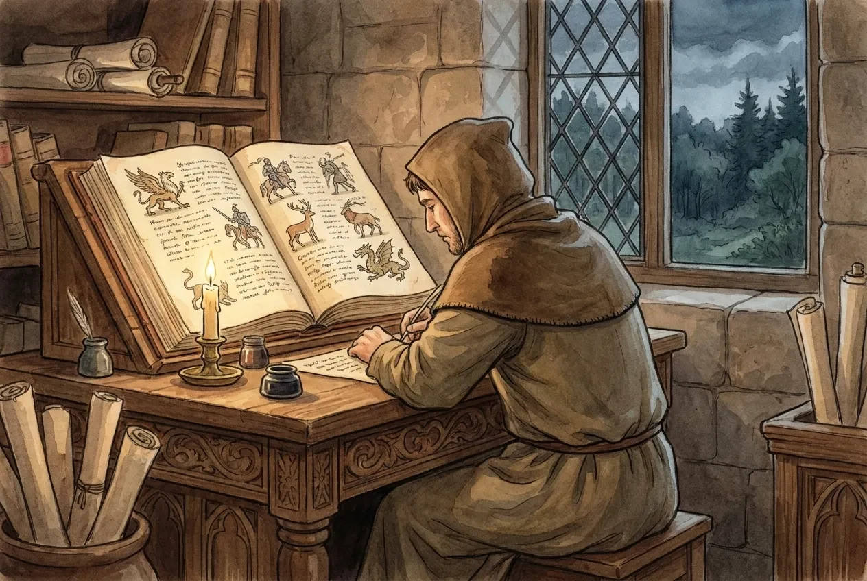 A medieval scribe compiles a book of animals and hunting customs by candlelight, echoing an early source of English group names.