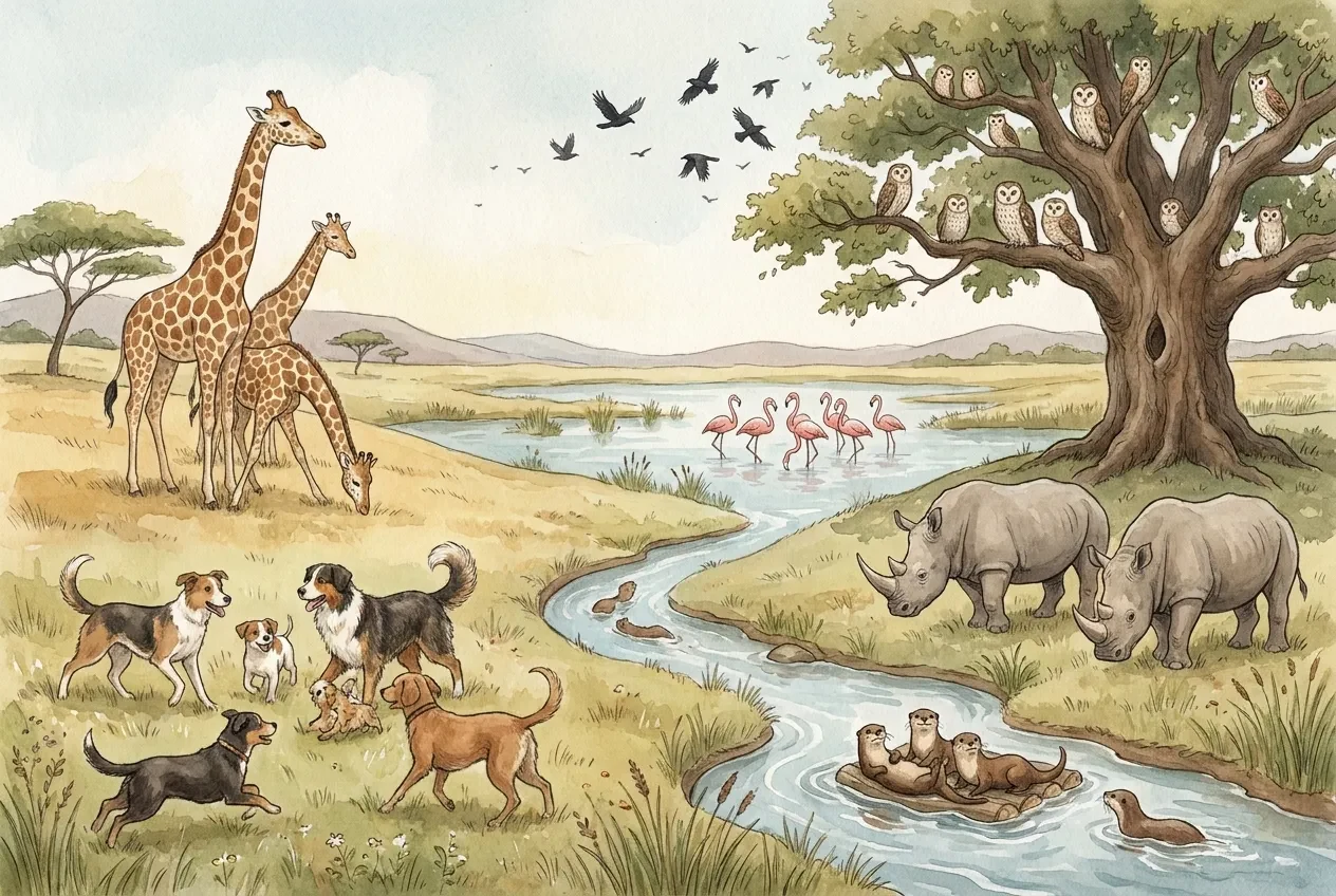 Giraffes, owls, flamingos, dogs, crows, rhinos and otters gather in their different animal groups across a storybook landscape.