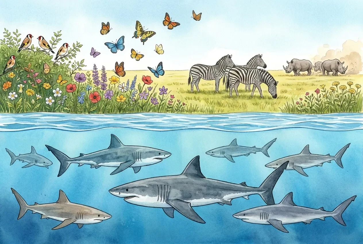 Sharks form a shiver beneath the water while butterflies, goldfinches, zebras and rhinos gather in vividly different groups above it.