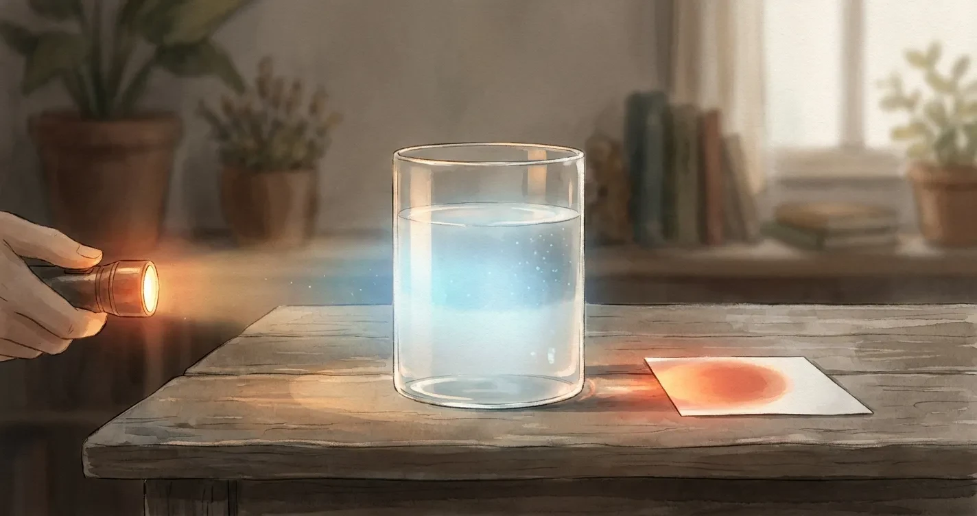 A safe sky-in-a-glass experiment with a torch, lightly milky water and warm transmitted light landing on a white card