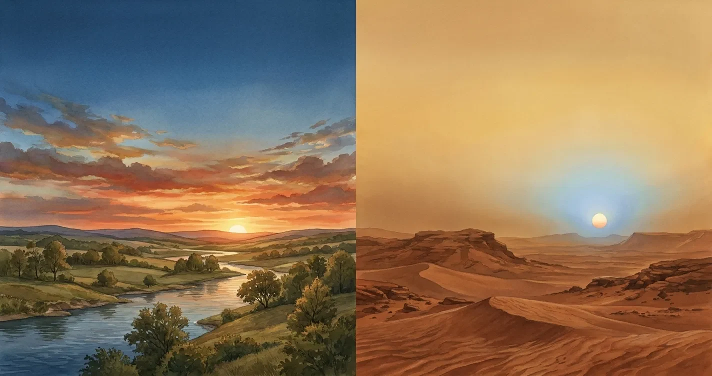 Earth's warm red-orange sunset beside the butterscotch Martian sky and its blue sunset glow