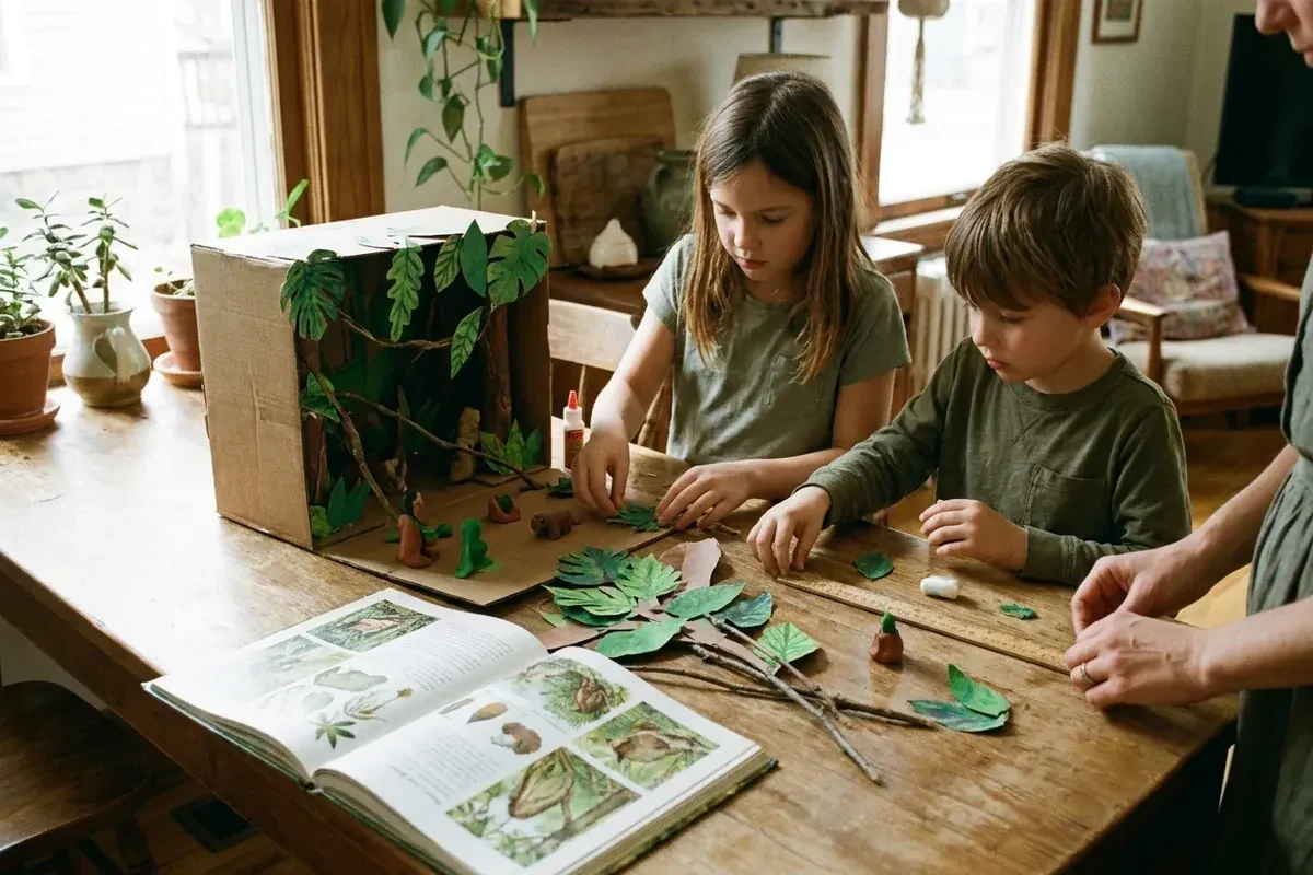 Children exploring rainforest layers through a hands-on cardboard diorama project.