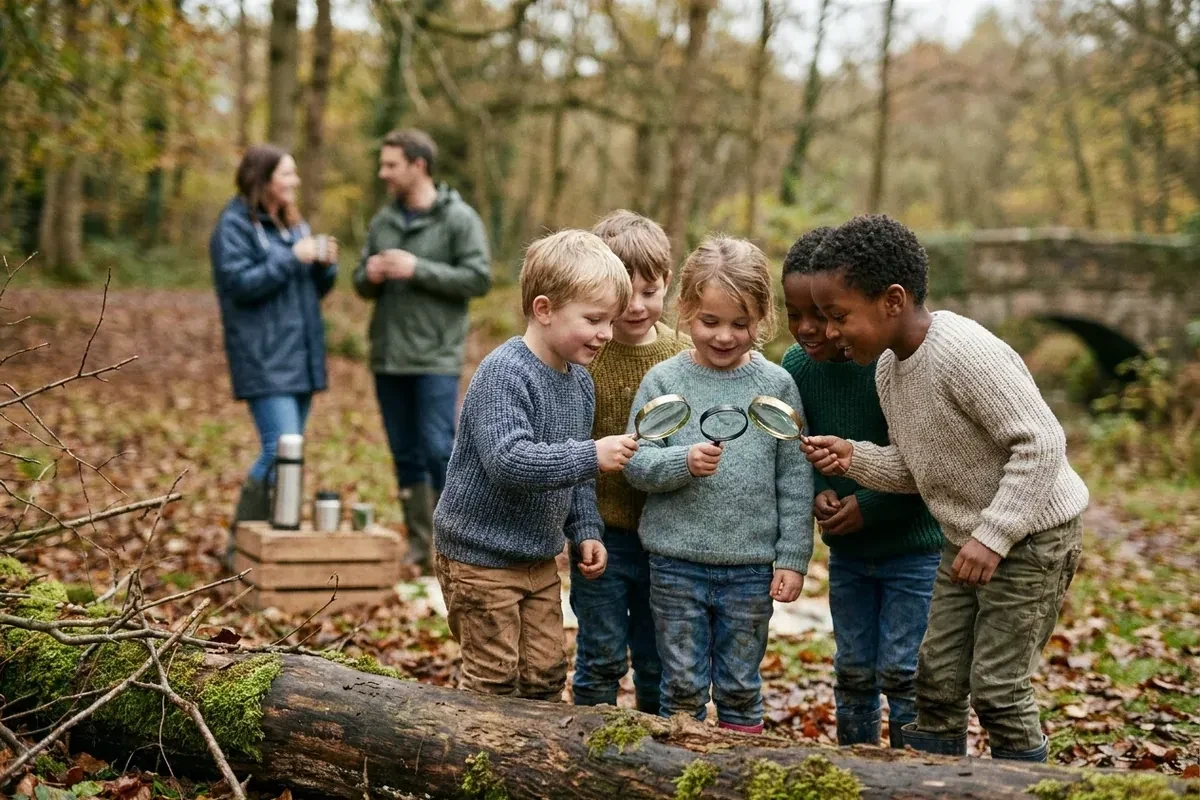 Home-educated children of different ages exploring together at an outdoor nature group.