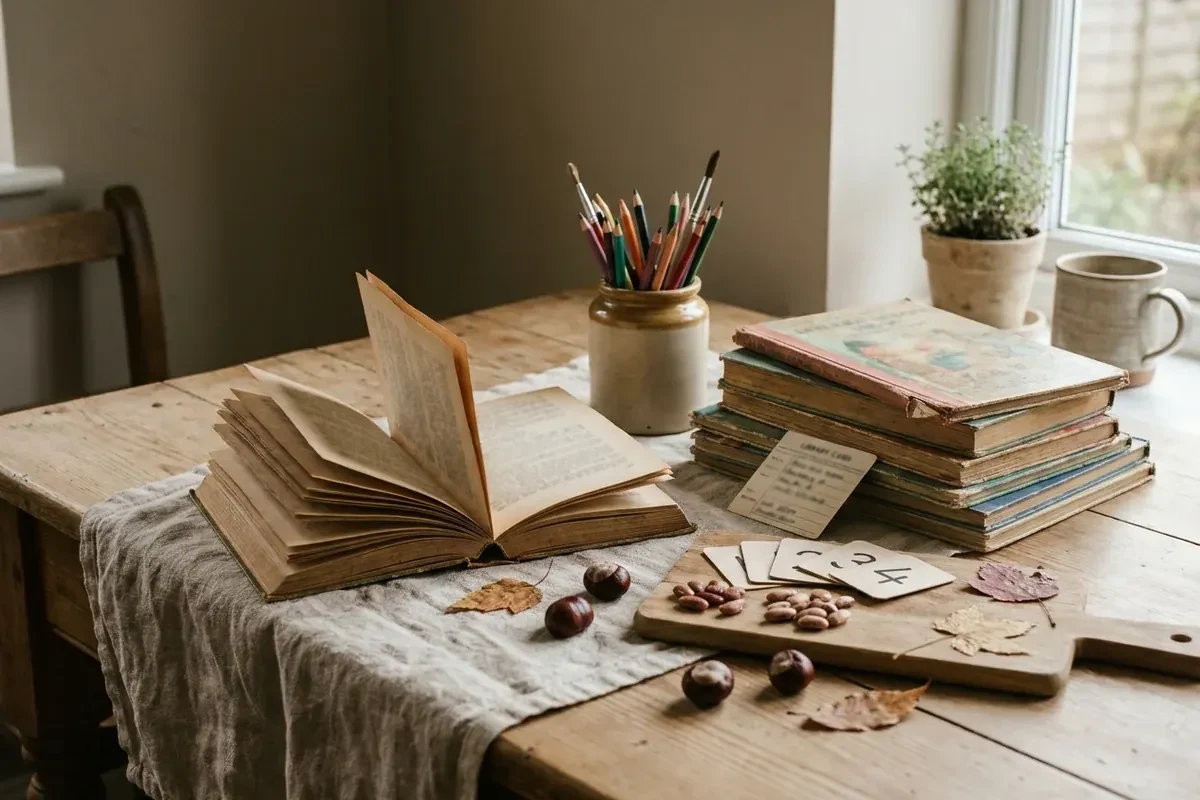 Library books, second-hand resources and simple nature finds gathered for an affordable day of learning at home.