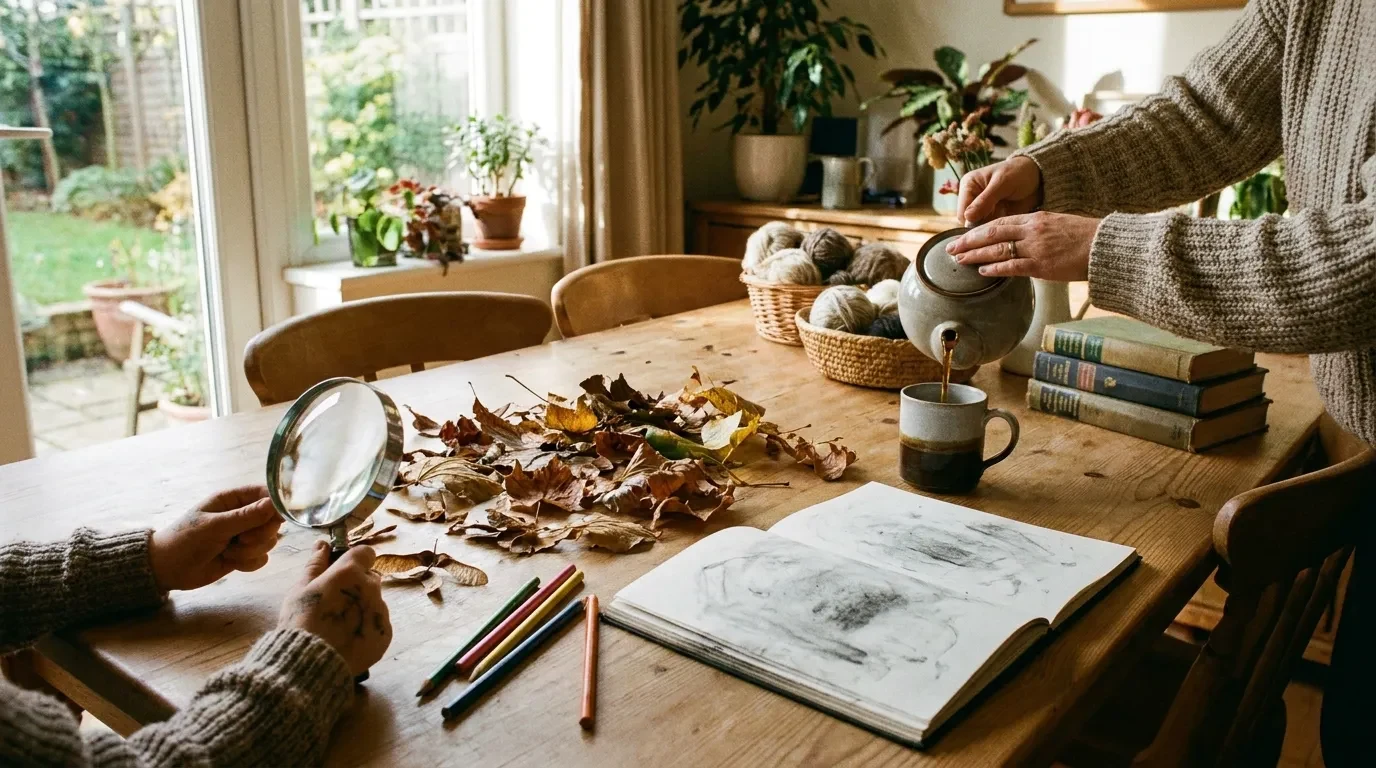 A gentle home-learning morning with autumn leaves, a magnifying glass, coloured pencils, books and tea.